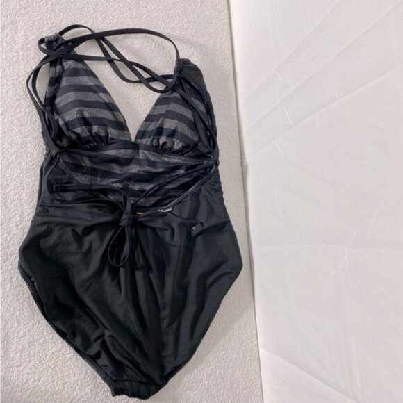 Women’s Black & Metallic Grey Striped One Piece Bathing Suit Swimsuit XL - Picture 3 of 14